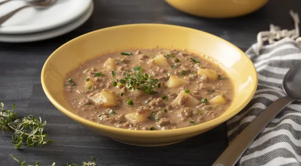 Fotografia em tons escuros com uma bancada de madeira na cor preta e ao lado um pano azul listrado. No centro, uma tigela de cor amarela contendo a carne moída cremosa com batata e ao fundo, alguns pratos brancos, garfos e uma tigela amarela. Fotografia em tons escuros com uma bancada de madeira na cor preta e ao lado um pano azul listrado. No centro, uma tigela de cor amarela contendo a carne moída cremosa com batata e ao fundo, alguns pratos brancos, garfos e uma tigela amarela.