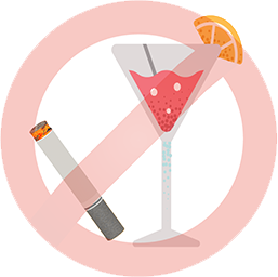 Imagem em flat design de um drink e cigarro com um símbolo de proibido por cima